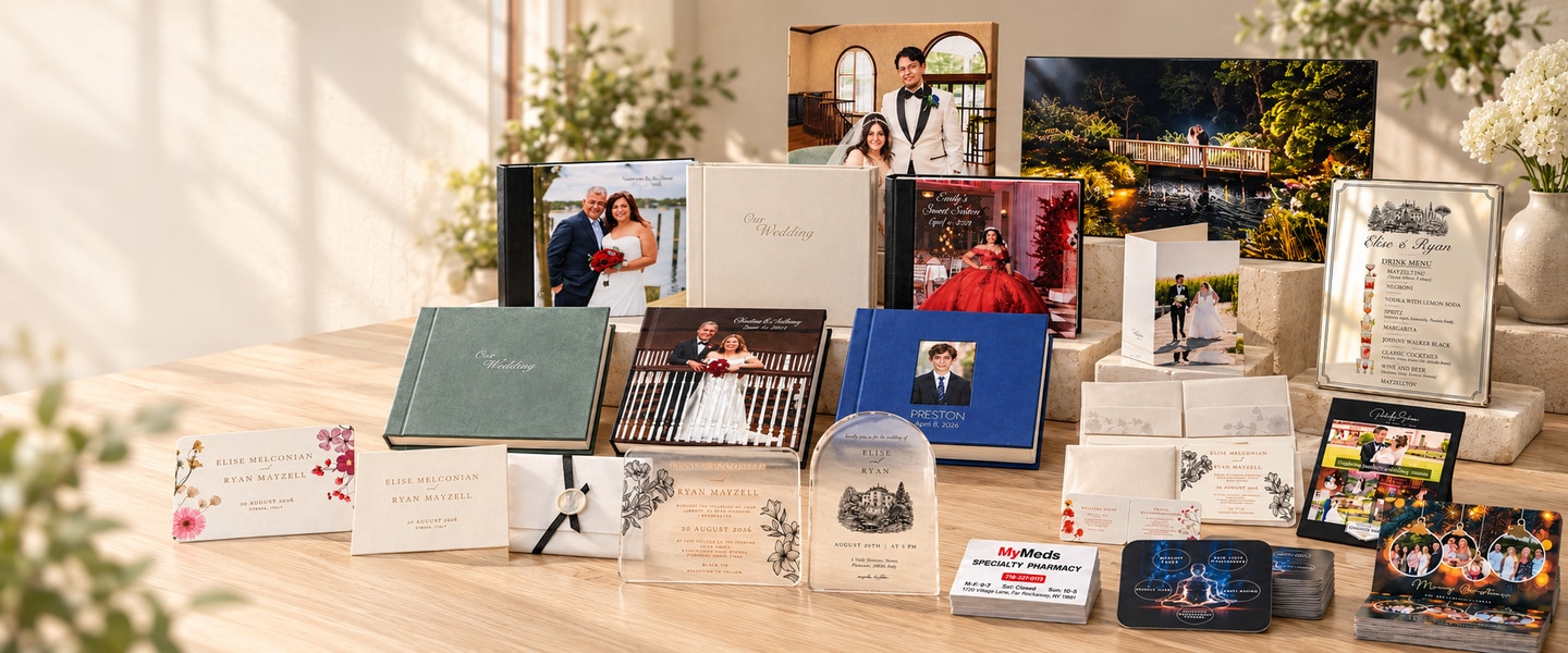 Albums, invitations, stationery, photo cards, business cards, flyers and wall art arranged on pale-oak and ivory displays in warm window light